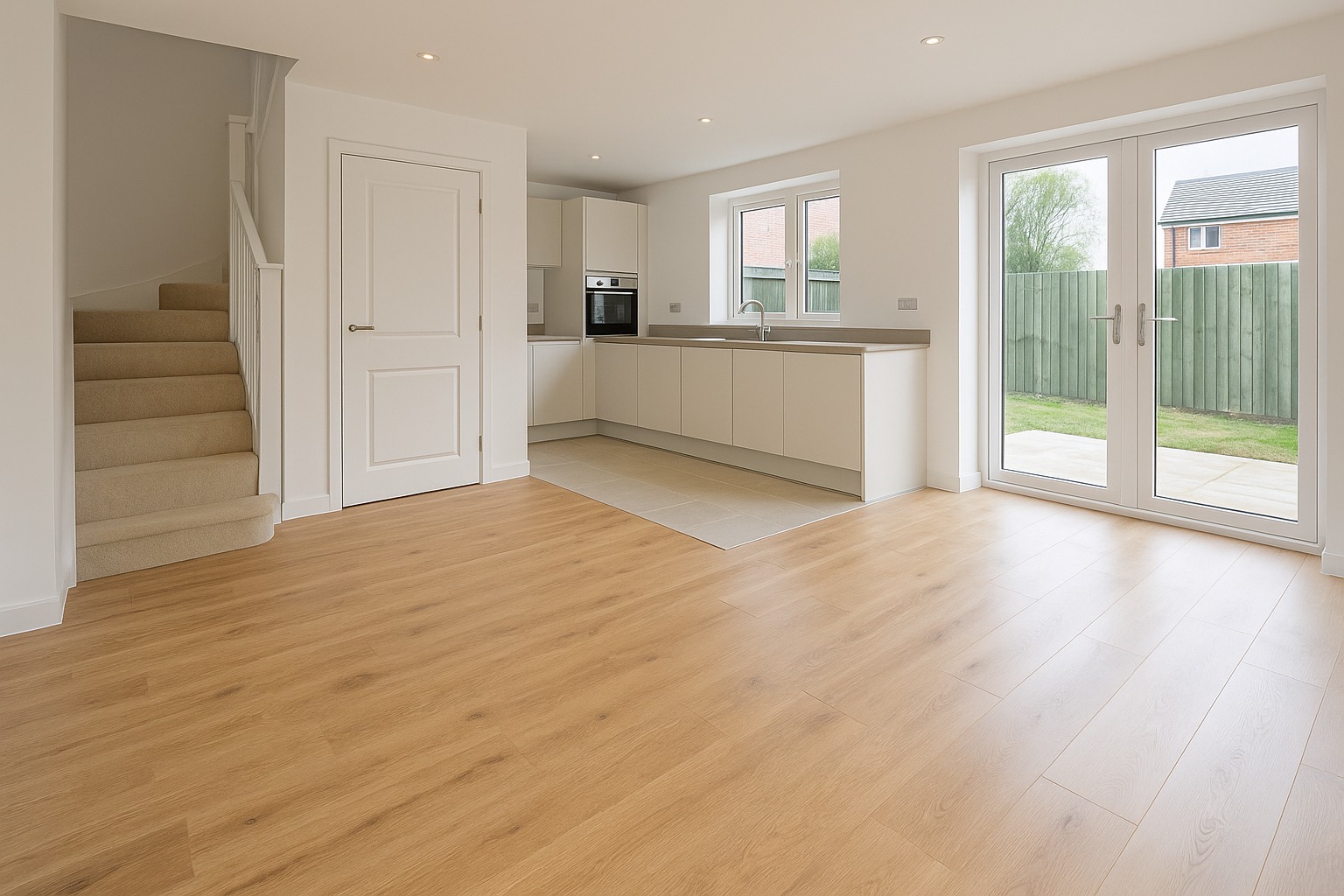 Laminado roble claro en salón abierto