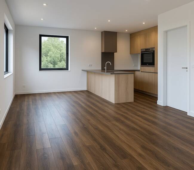 Suelo vinílico imitación madera en cocina moderna