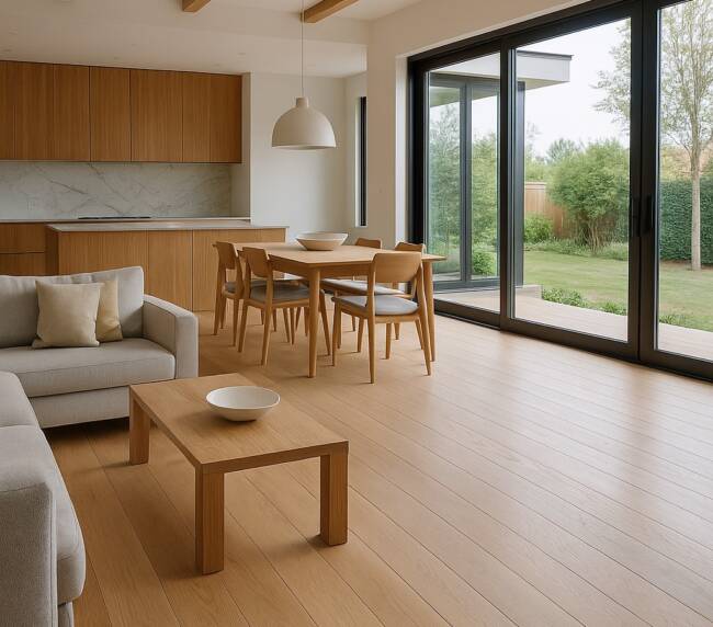 Madera maciza de roble natural en salón principal