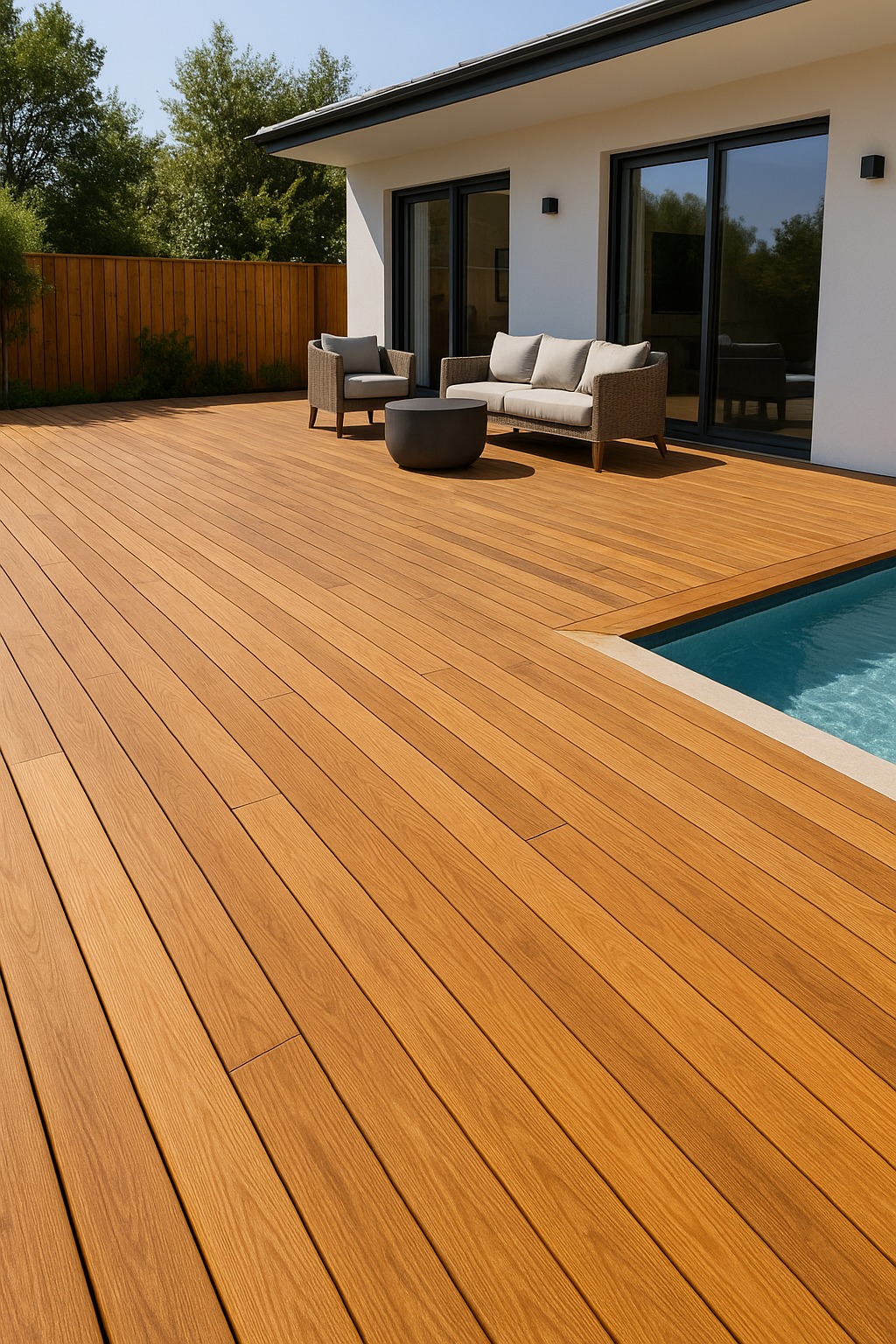 Tarima exterior tropical junto a piscina