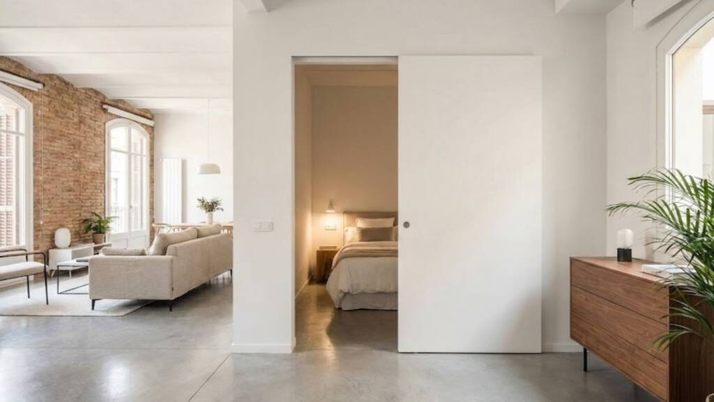 La solución perfecta para espacios reducidos: instalamos un sistema empotrado en tabique que permite integrar el dormitorio con el salón, ganando 1,5m² de espacio útil.