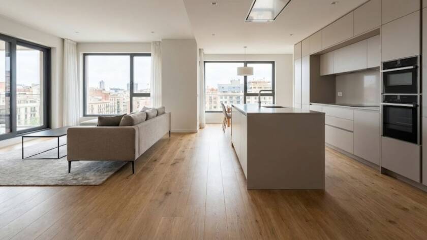 Tirar el tabique de la cocina es tendencia, pero ¿qué hacemos con el suelo? Analizamos la continuidad visual: ventajas estéticas de poner parquet en la cocina, cómo limpiar la grasa fácilmente y qué materiales resisten el agua de verdad.