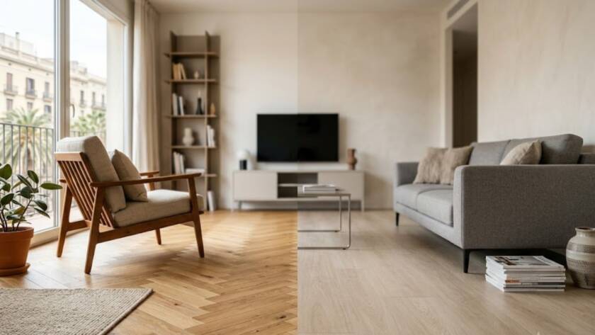 Comparamos parquet natural y suelo laminado en durabilidad, precio, mantenimiento y valor. Guía clara para elegir el suelo de tu casa en Barcelona.