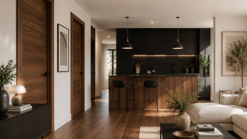Descubre cómo combinar parquet o puertas de nogal con detalles negros sin oscurecer el espacio.