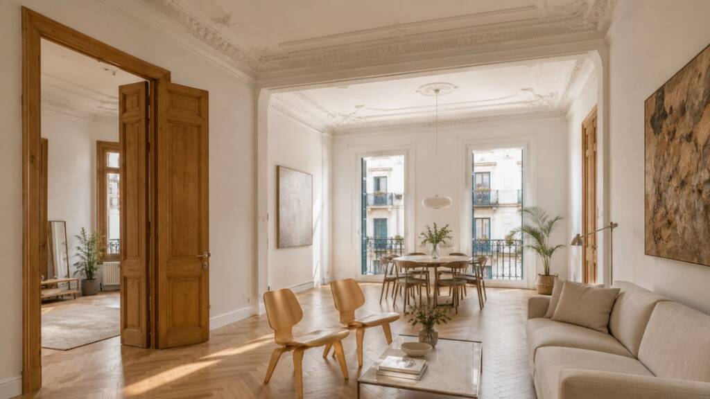 En este piso de Gràcia instalamos un parquet en espiga de roble natural para recuperar la calidez de la vivienda y respetar sus techos altos, molduras y puertas originales. El reto estuvo en centrar el patrón y resolver las geometrías irregulares del salón y el pasillo. El resultado combina el carácter clásico de Barcelona con un acabado limpio y actual.