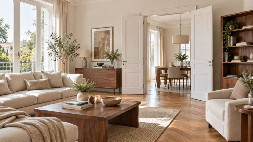 Ideas para combinar puertas blancas, muebles de madera y parquet según el tono y la sensación visual que quieras crear.