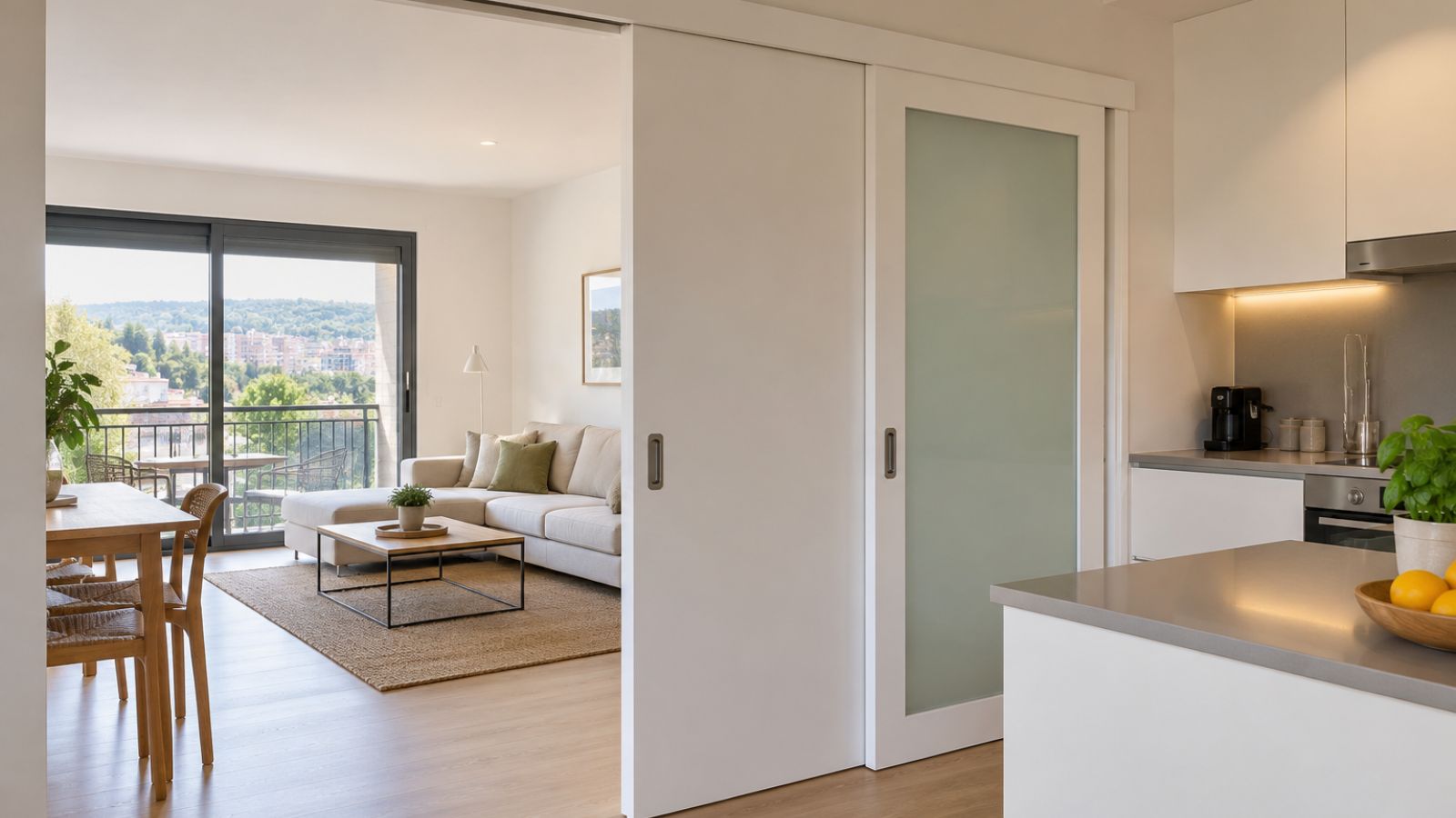 Puertas correderas para conectar cocina y salón en Esplugues