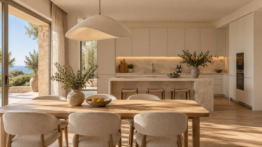 Ideas prácticas para combinar un parquet cálido con una cocina blanca sin crear contrastes duros: blancos, encimeras, puertas, zócalos y luz.